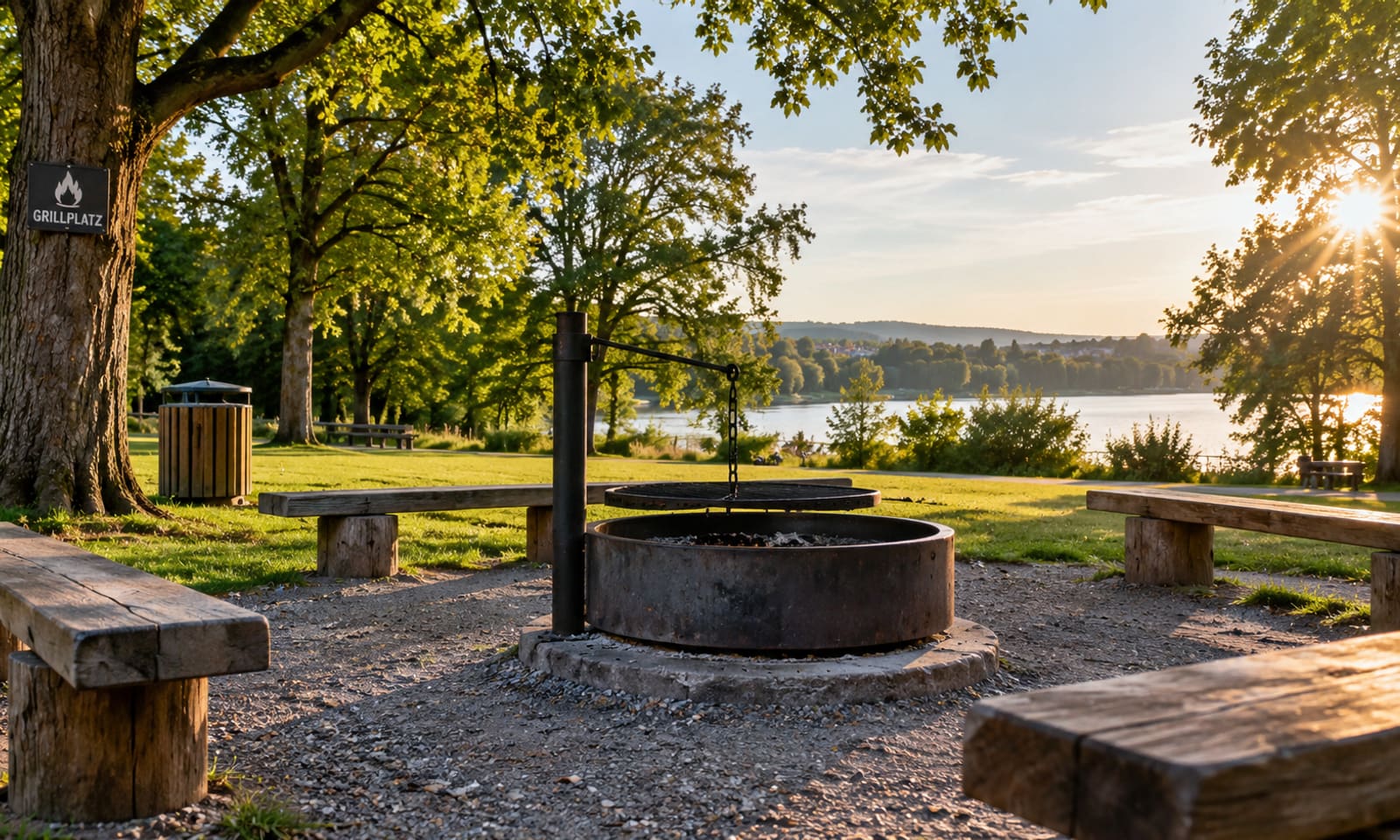 Öffentliche Grillstelle mit gemauertem Grill und Sitzbänken auf einer Wiese am Waldrand